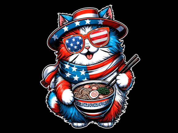 Cat Eating Ramen 4th of July USA Flag Graphics for T-Shirt Designs