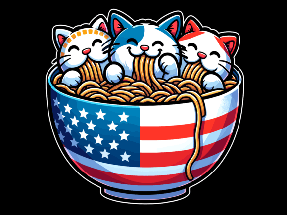 Group of Cats Eating Ramen 4th of July T-Shirt Designs