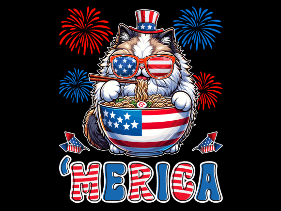 Merica Cat Eating Ramen: A Unique 4th of July T-Shirt Design