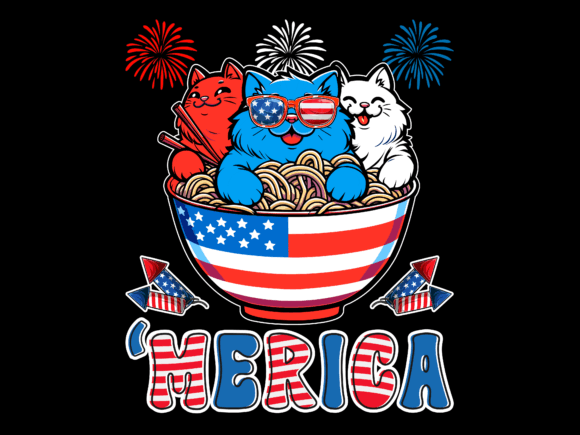 Merica Three Cat Eating Ramen Vector for T-Shirt Designs