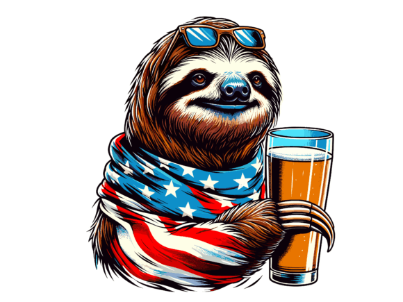 Sloth Holding Beer 4th of July USA Flag Graphics for T-Shirt Designs